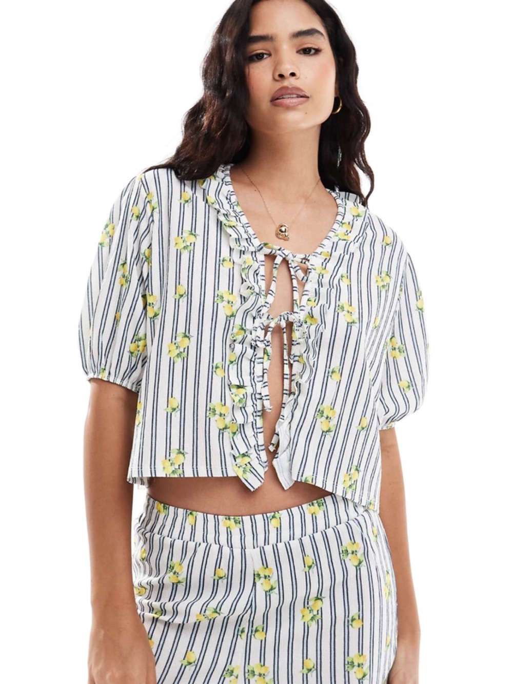 ASOS Tie Front Frill Blouse in Lemon and Stripe Print